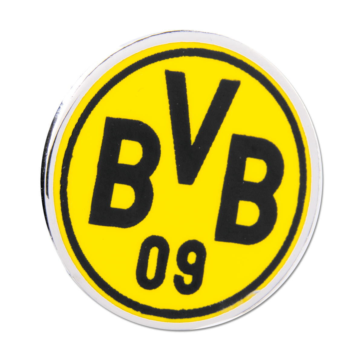 Runder BVB-Button mit dem schwarzgelben Vereinslogo von Borussia Dortmund, ideal als Fan-Accessoire.