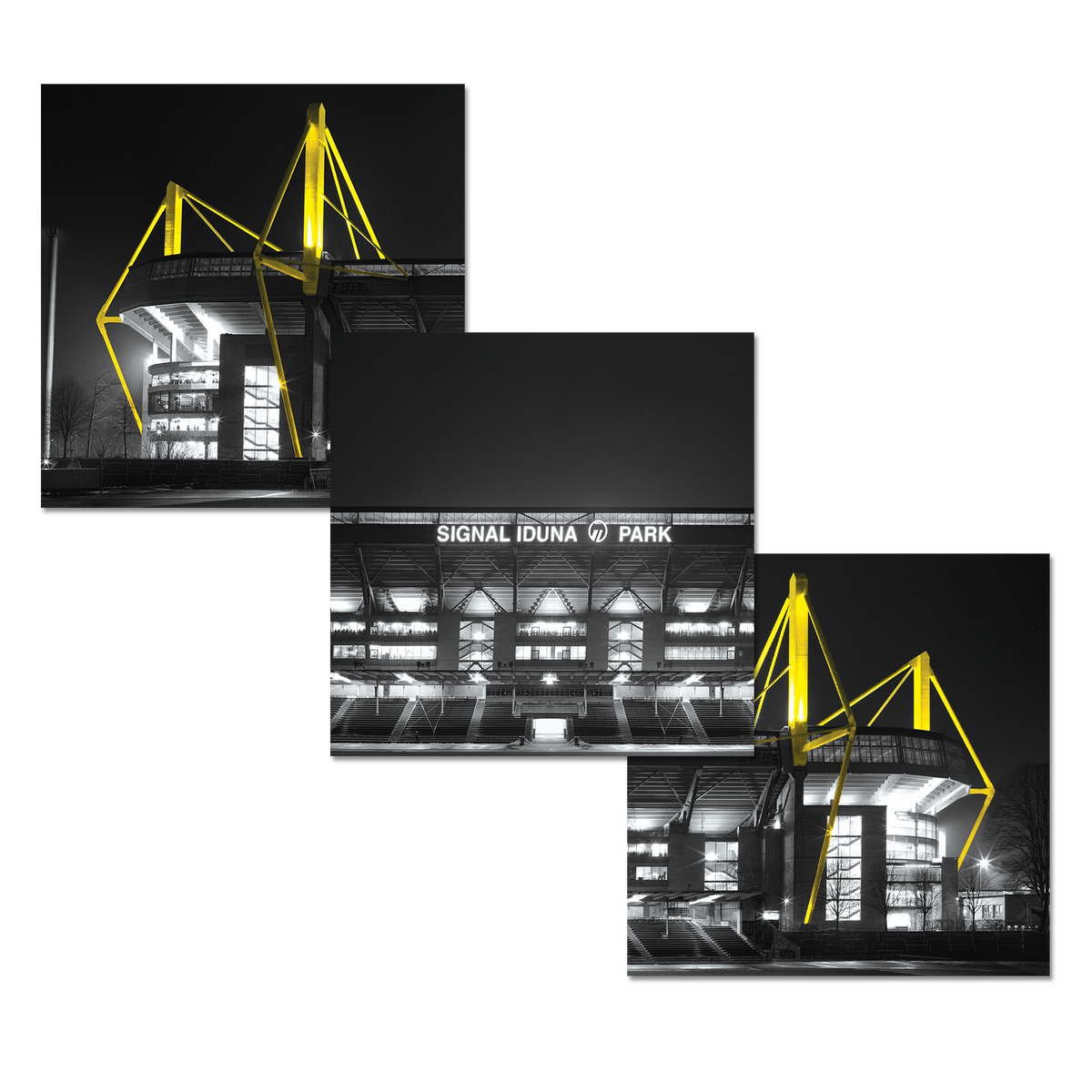 Lámina artística del SIGNAL IDUNA PARK por la noche, con iluminación en negro y amarillo, y la arquitectura emblemática del estadio del Borussia Dortmund.