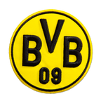 Parche 3D en negro y amarillo con el logotipo del BVB y el «09», ideal para decorar prendas o complementos para los aficionados del Borussia Dortmund.