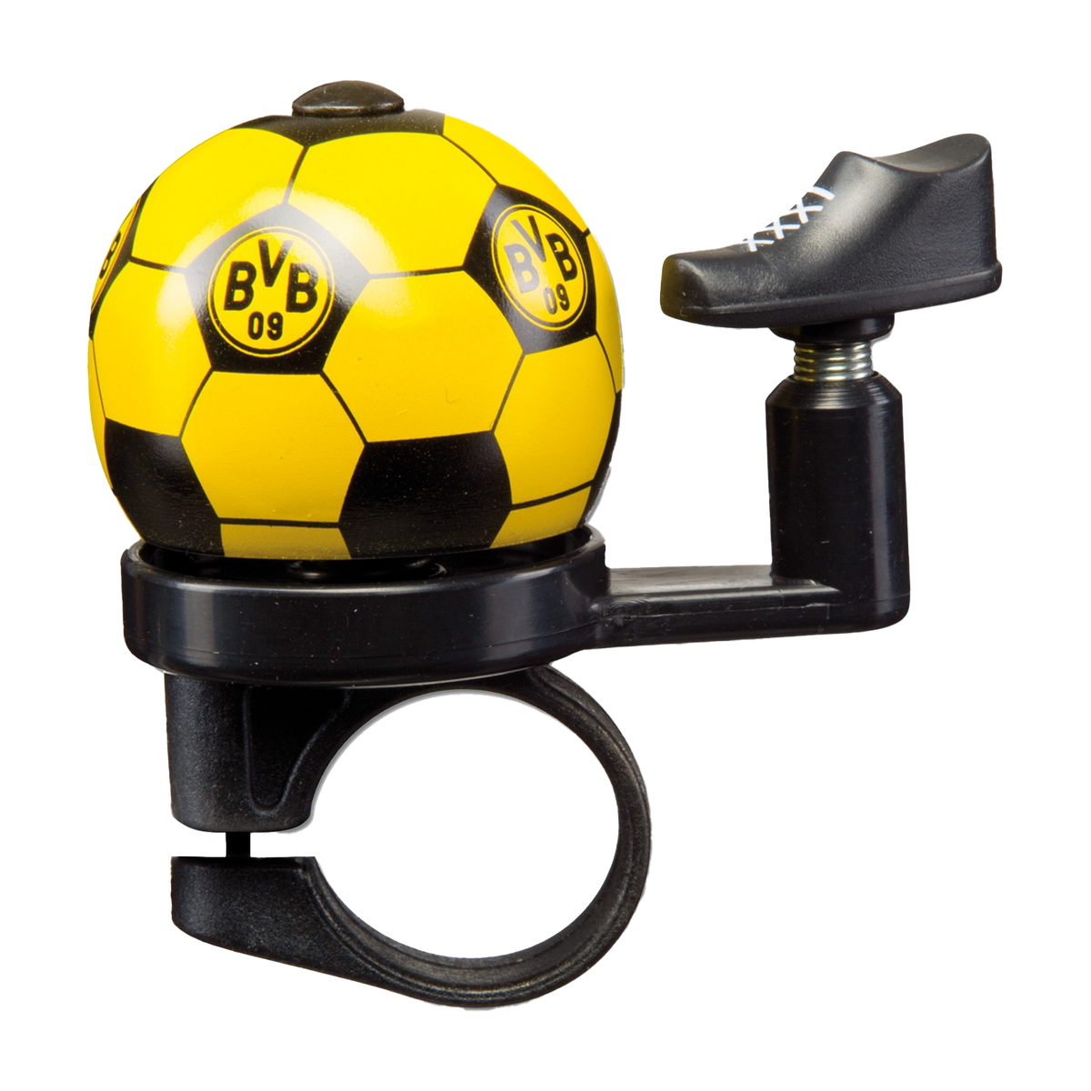 Schwarzgelbe Fahrradklingel im Fußball-Design mit BVB-Logo, passend für Fans von Borussia Dortmund.