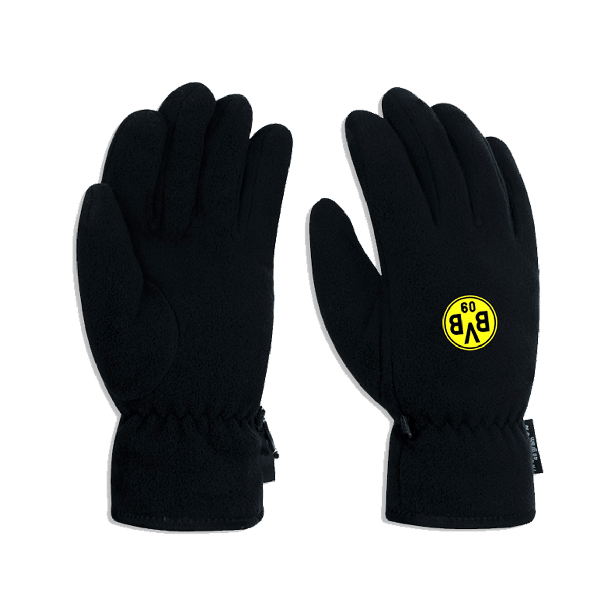 Schwarze Fleecehandschuhe mit gelbem BVB-Logo, ideal für Fans von Borussia Dortmund.
