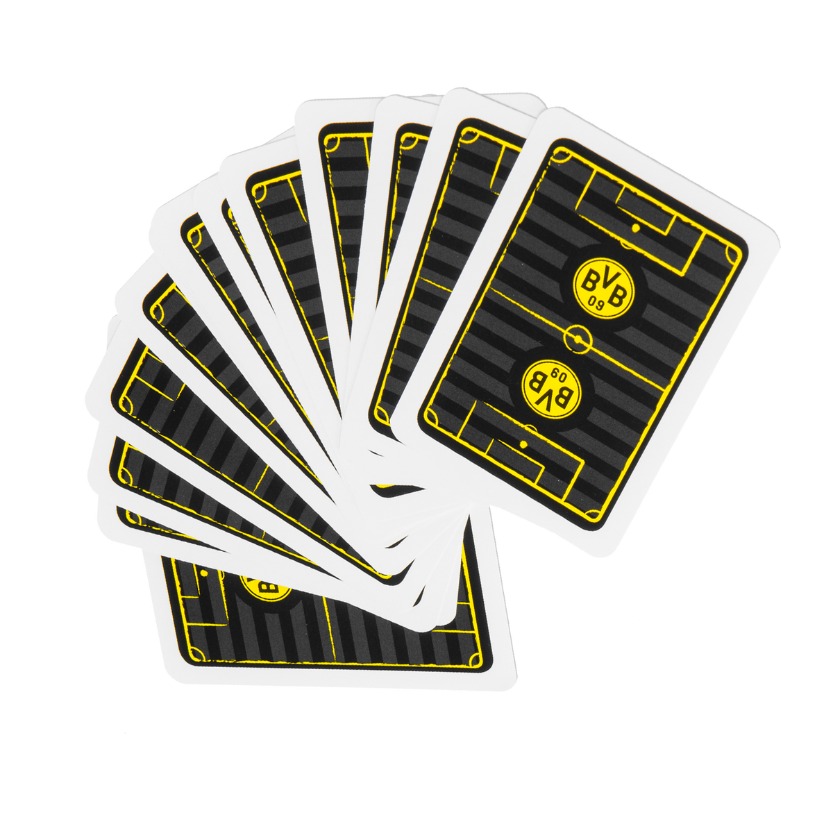 Jeu de cartes de skat aux couleurs noir et jaune du BVB, avec un motif représentant le stade, idéal pour les supporters du Borussia Dortmund.