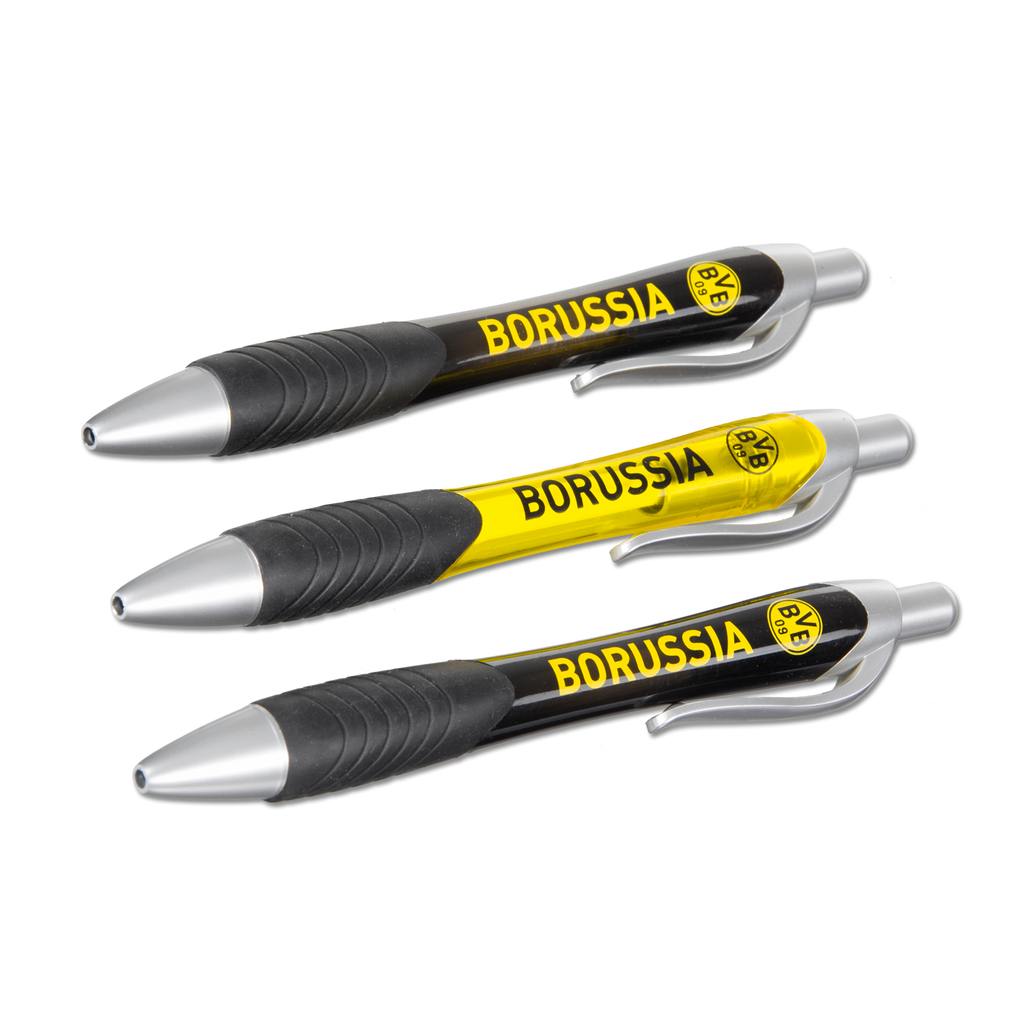 Set aus drei schwarzgelben BVB-Kugelschreibern mit Borussia Dortmund Schriftzug und BVB-Emblem.