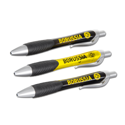 「ボルシア・ドルトムント」のロゴとエンブレムが入った、黒と黄色のBVBボールペン3本セット。