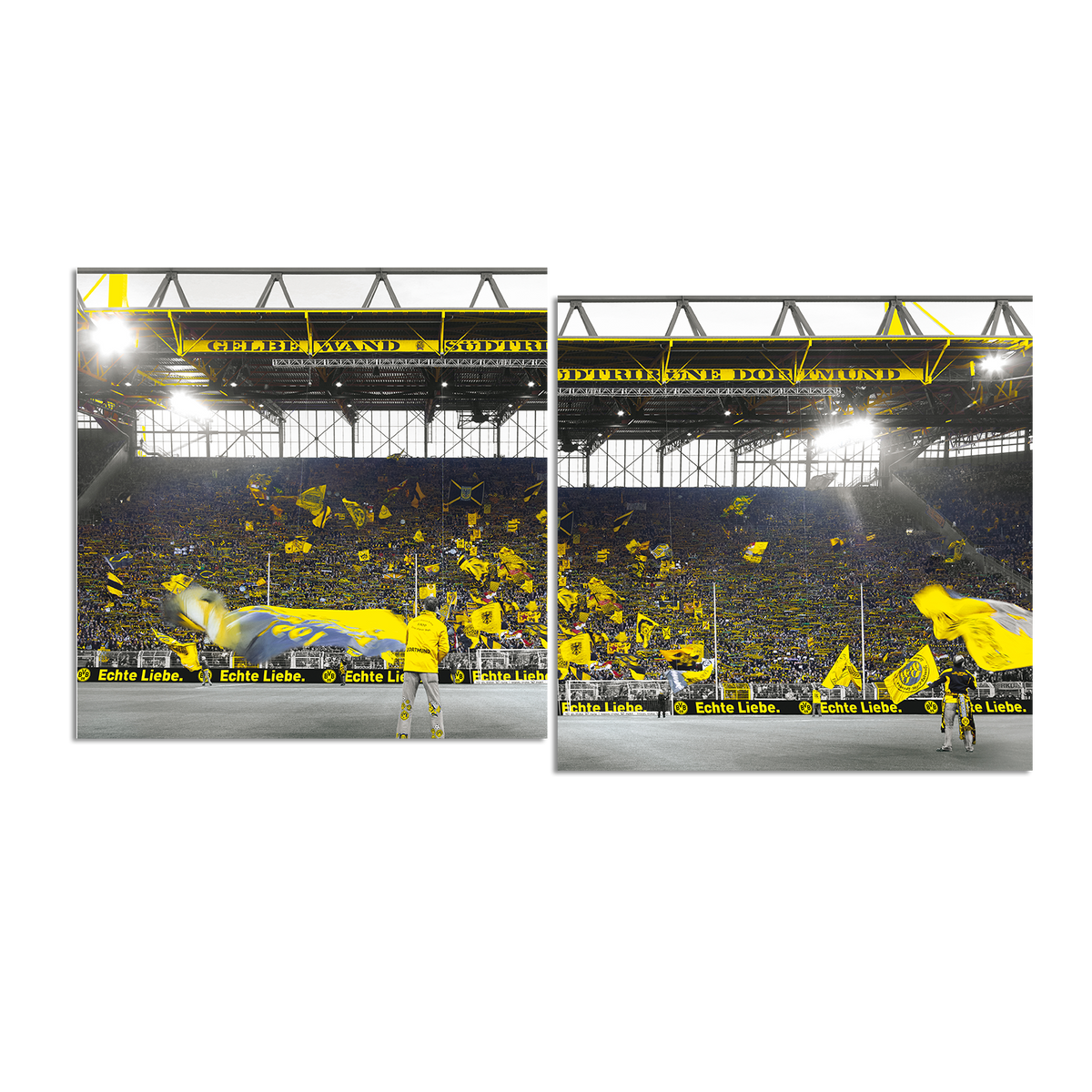 The South Stand at SIGNAL IDUNA PARK, filled with black-and-yellow BVB fans, flags, and the slogan “Echte Liebe.”