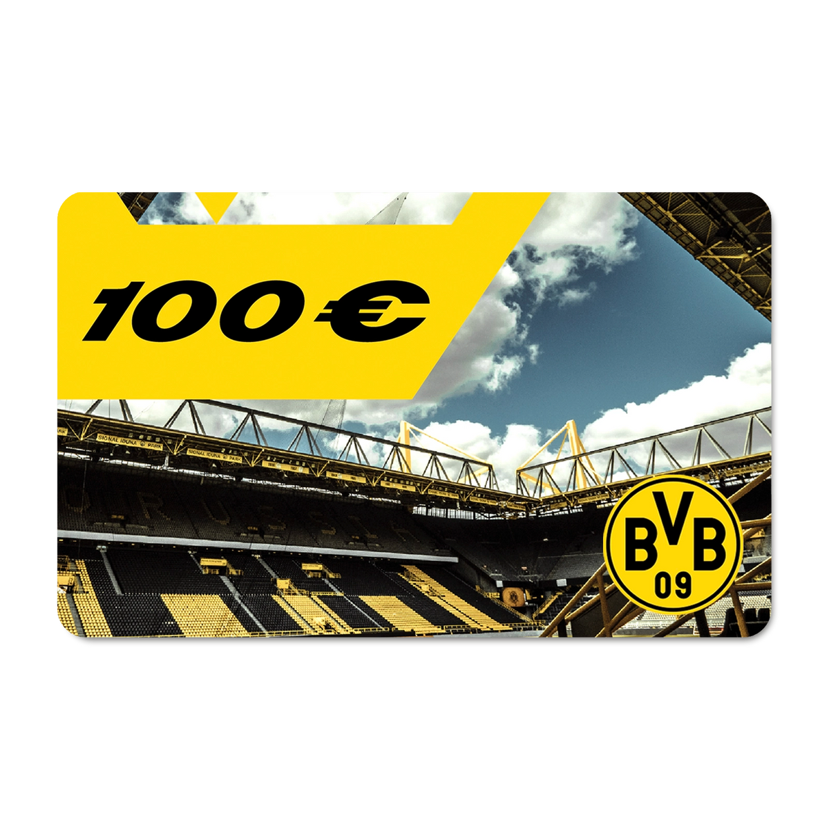 BVB 100€ Gutschein mit schwarzgelbem Design, BVB-Logo und SIGNAL IDUNA PARK im Hintergrund. Ideal als Geschenk für Borussia Dortmund Fans.