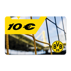 一张黑色与黄色相间的多特蒙德（BVB）10欧元代金券，设计中包含球网图案，背景为SIGNAL IDUNA PARK球场。