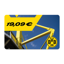 A BVB gift certificate worth 19.09 euros, designed in black and yellow with a picture of SIGNAL IDUNA PARK in the background.