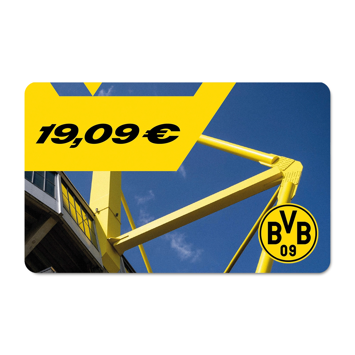 BVB-Gutschein im Wert von 19,09 Euro, gestaltet in schwarzgelb mit einem Bild des SIGNAL IDUNA PARKS im Hintergrund.