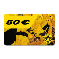 BVB gift certificate worth 50 euros with an eye-catching black-and-yellow design and the BVB logo—the perfect gift for Borussia Dortmund fans.