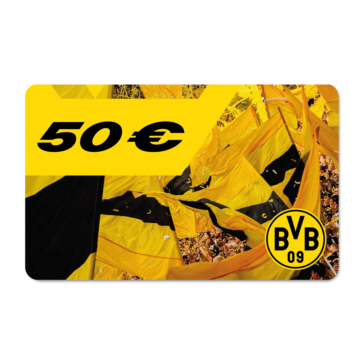 面值50欧元的多特蒙德（BVB）礼品卡，采用醒目的黑黄配色设计并印有BVB队徽，是送给多特蒙德球迷的理想礼物。