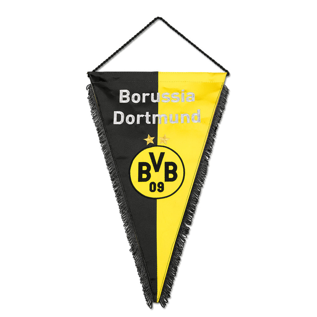 黒と黄色のシルク製ペナント。2つの星、BVBのロゴ、そして「Borussia Dortmund」の文字が入った、公式ファン用装飾品。