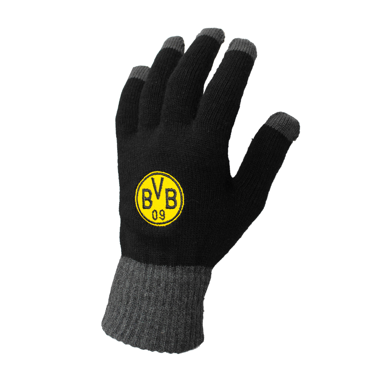 Schwarzer BVB-Smartphone-Handschuh mit gelbem BVB-09-Logo und grauen Fingerspitzen, ideal für Touchscreen-Nutzung im Winter.