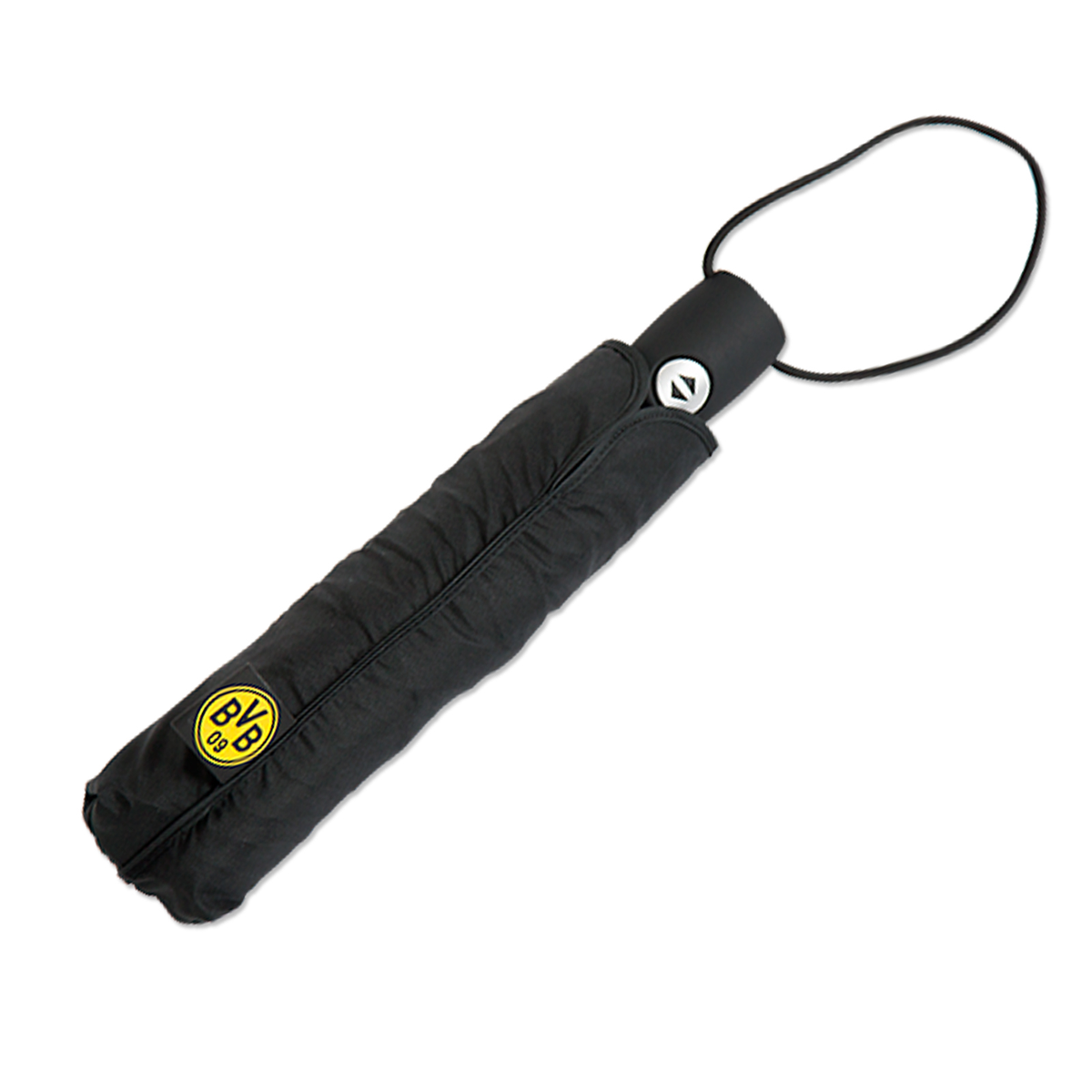 Schwarzer Regenschirm mit Borussia Dortmund BVB-Logo und praktischer automatischer Öffnung, ideal für Fans des BVB.