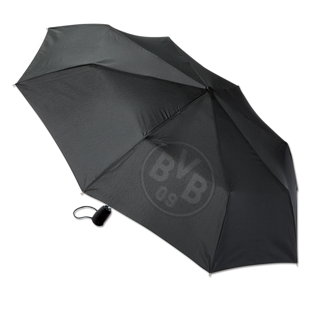Automatikschirm in Schwarz mit BVB-Logo, kompakt und praktisch für den Alltag eines Borussia Dortmund Fans.