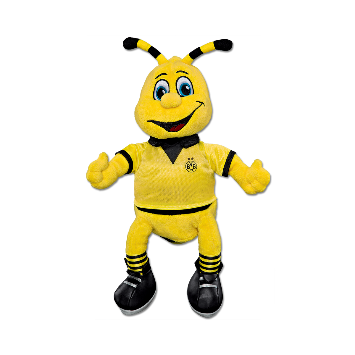 Peluche représentant EMMA, la mascotte du BVB, avec ventouse, 20 cm, coloris noir et jaune, avec le logo du club sur le maillot.