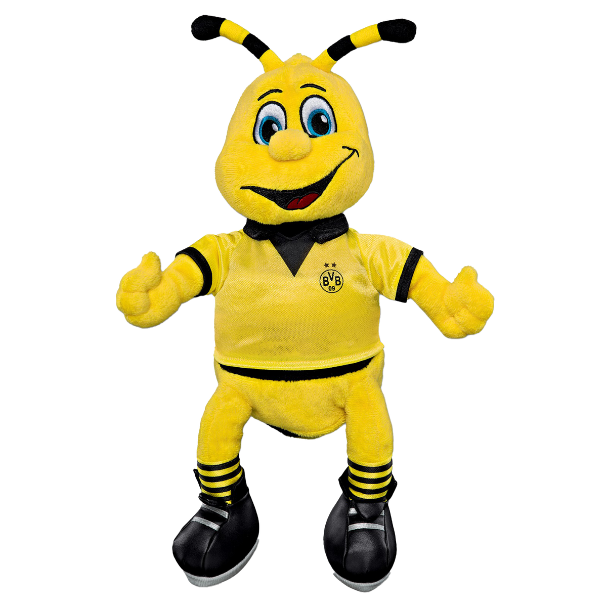 Peluche toute douce de la marque EMMA, vêtue du maillot noir et jaune du BVB, mesurant 30 cm, idéale pour les fans du Borussia Dortmund.