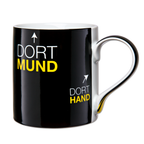 Black-and-yellow BVB mug with "Dortmund" lettering and a stylish design, perfect for Borussia Dortmund fans.