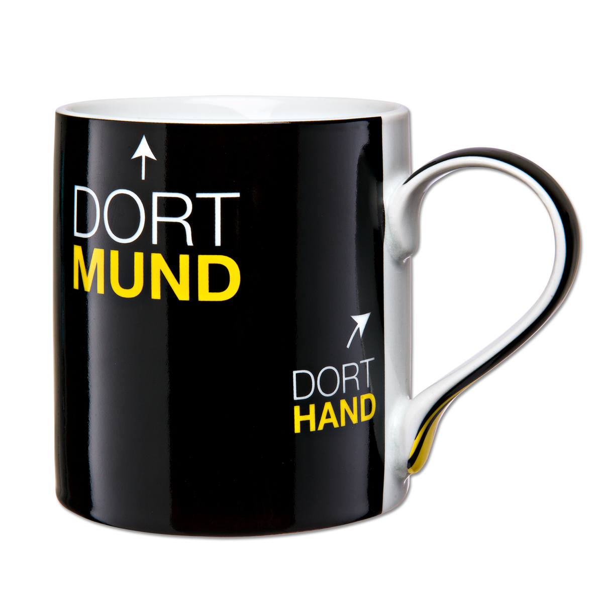 Black-and-yellow BVB mug with "Dortmund" lettering and a stylish design, perfect for Borussia Dortmund fans.