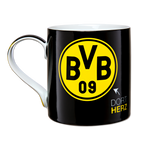 Black coffee mug with a large yellow BVB 09 logo on the front and the words “Dort Herz” in yellow and white letters below it.