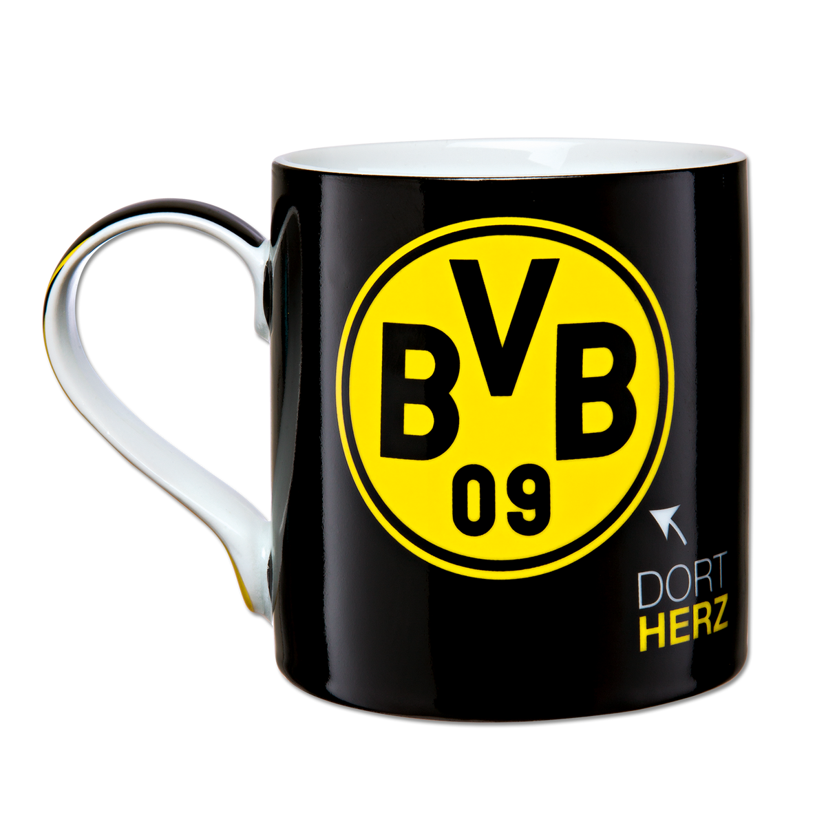 Tasse à café noire ornée d'un grand logo BVB 09 jaune sur le devant et de l'inscription « Dort Herz » en lettres jaunes et blanches en dessous.