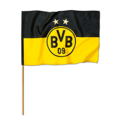 BVB-09のロゴと2つの星をあしらった、黒と黄色のBVBフラッグ。木製のポールに取り付けられています。ボルシア・ドルトムントのファンにぴったりです。