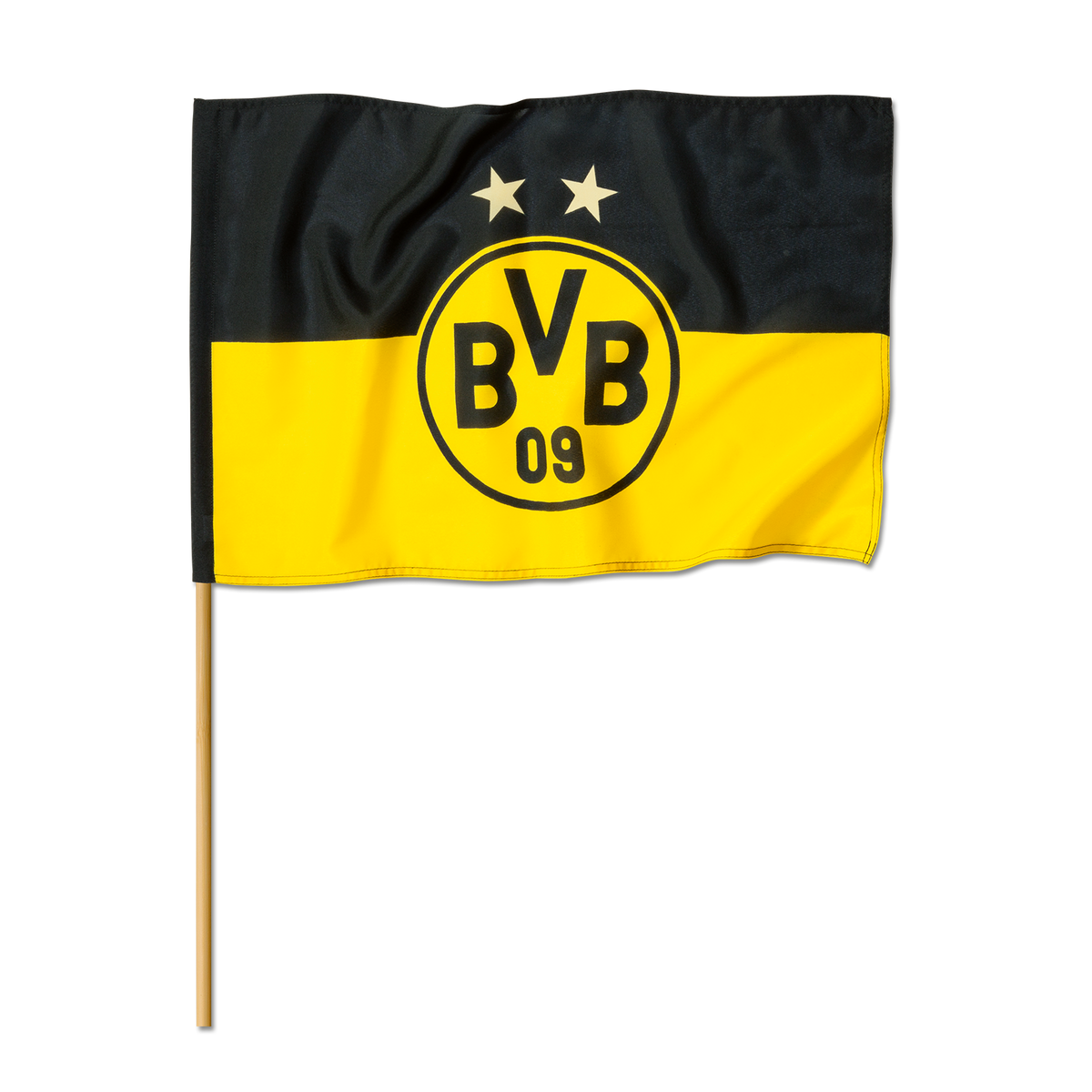 一面印有BVB-09标志和两颗星的黑黄相间多特蒙德队旗，悬挂在木杆上。非常适合多特蒙德队的球迷。
