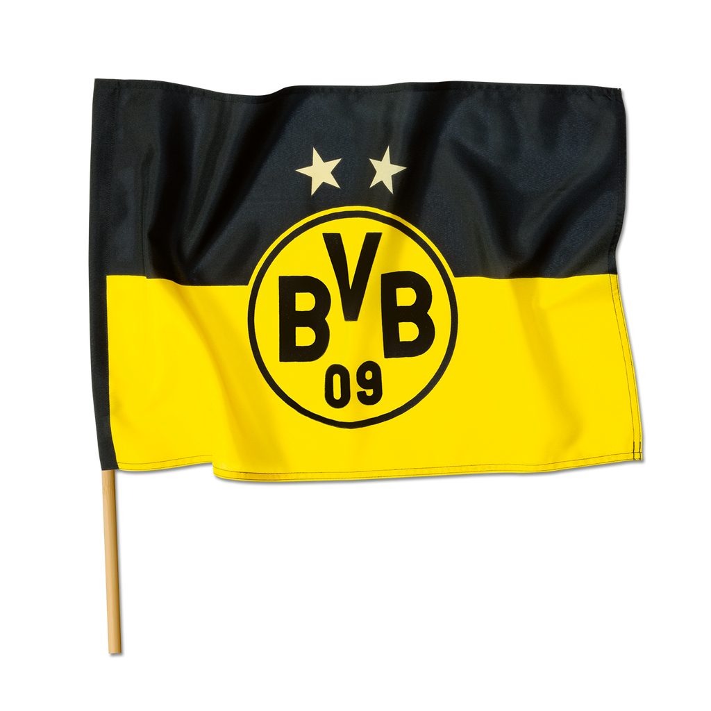 Bandiera del BVB nei colori nero e giallo con due stelle, il logo del BVB e la scritta “09”, fissata a un’asta di legno, dimensioni 90x60 cm.