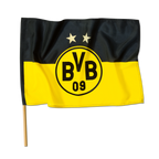 Bandiera del BVB nei colori nero e giallo con due stelle, il logo del BVB e la scritta “09”, fissata a un’asta di legno, dimensioni 90x60 cm.