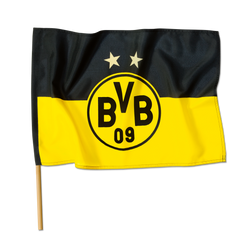 Bandera del BVB en negro y amarillo con dos estrellas, el logotipo del BVB y la inscripción «09», fijada a un palo de madera, de 90 x 60 cm.