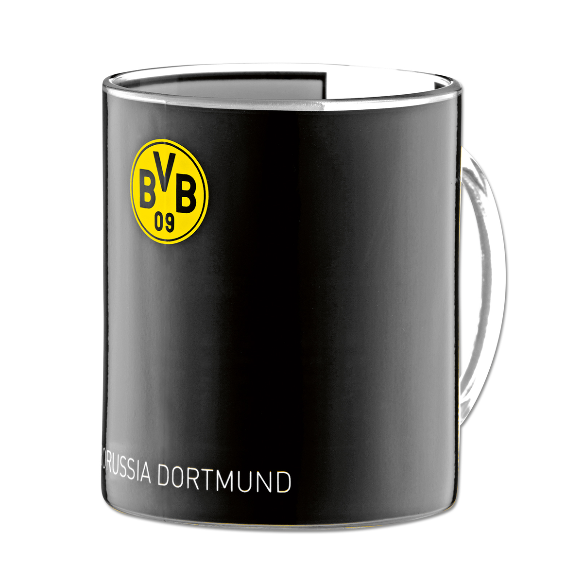 Taza mágica negra del Borussia Dortmund con el logotipo amarillo del BVB y la inscripción «Borussia Dortmund» en blanco. Perfecta para los aficionados del BVB.