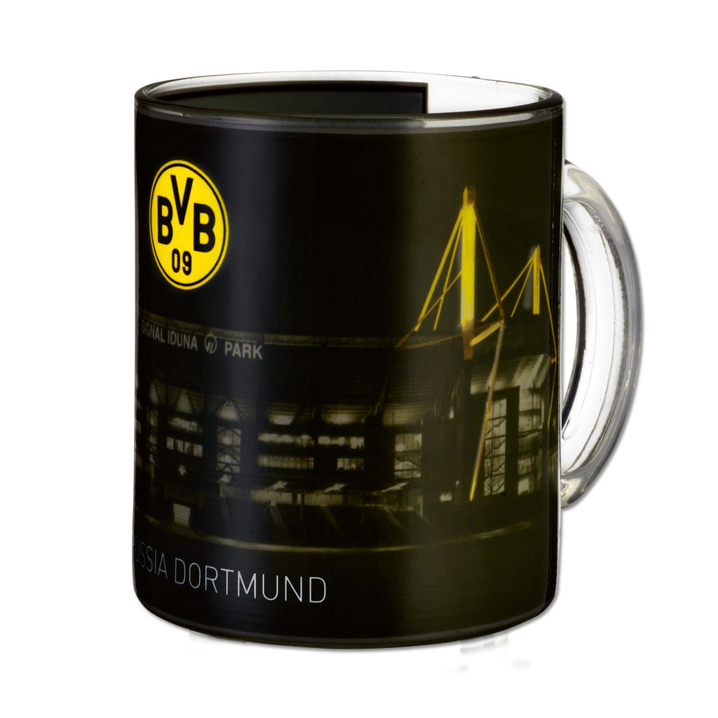 Tasse magique noir et jaune du BVB, ornée d'une illustration du SIGNAL IDUNA PARK et du logo du BVB, un accessoire idéal pour les supporters du Borussia Dortmund.