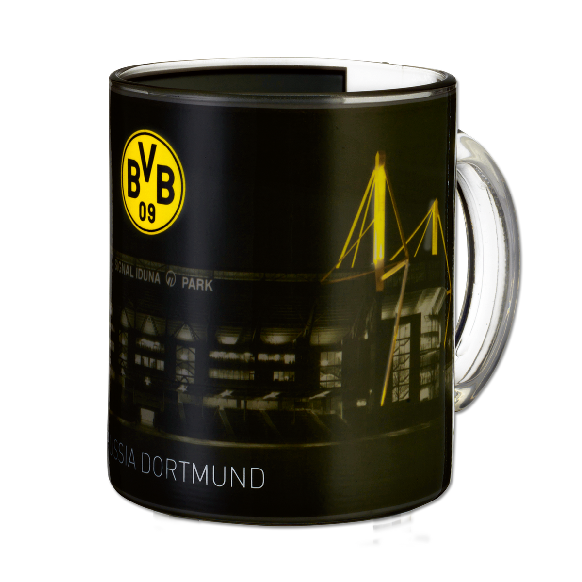 Schwarzgelber BVB-Zauberbecher mit abgebildetem SIGNAL IDUNA PARK und BVB-Logo, ein ideales Accessoire für Fans von Borussia Dortmund.