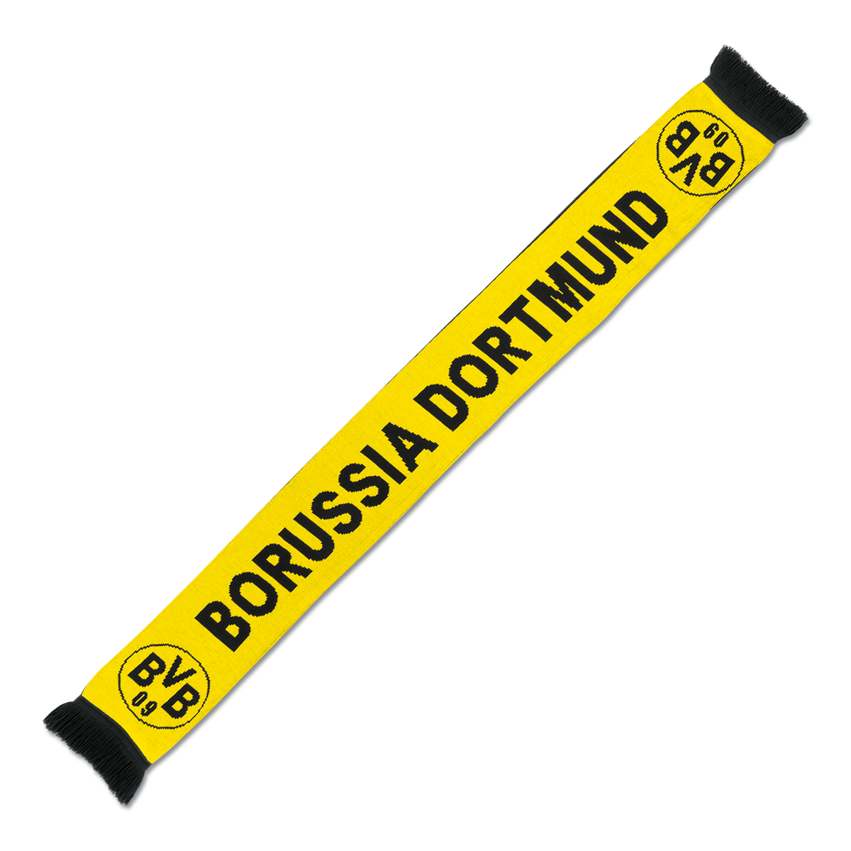 Offizieller BVB-Schal in den Vereinsfarben schwarzgelb mit großem Borussia Dortmund Schriftzug und BVB 09 Emblem, ideal für Fans.