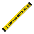 Offizieller BVB-Schal in den Vereinsfarben schwarzgelb mit großem Borussia Dortmund Schriftzug und BVB 09 Emblem, ideal für Fans.