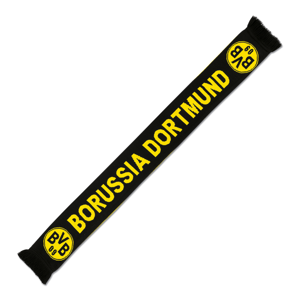 Black-and-yellow BVB scarf with eye-catching Borussia Dortmund lettering and the BVB 09 emblem, perfect for fans and soccer enthusiasts.