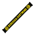 Black-and-yellow BVB scarf with eye-catching Borussia Dortmund lettering and the BVB 09 emblem, perfect for fans and soccer enthusiasts.