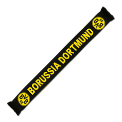 Black-and-yellow BVB scarf with eye-catching Borussia Dortmund lettering and the BVB 09 emblem, perfect for fans and soccer enthusiasts.