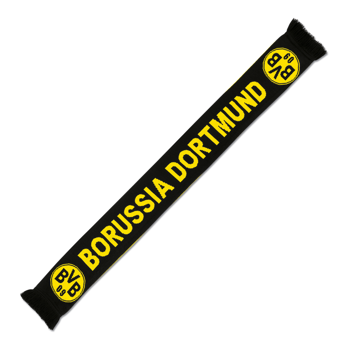 Schwarzgelber BVB-Schal mit auffälligem Borussia Dortmund-Schriftzug und BVB 09-Emblem, ideal für Fans und Fußballbegeisterte.