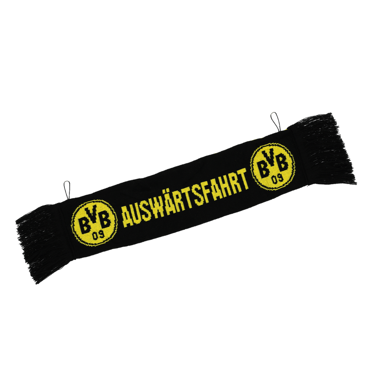 Schwarzgelber BVB-Schal mit Schriftzug 'Auswärtsfahrt' und BVB-Logo, ideal für Fans von Borussia Dortmund.