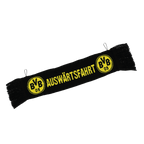 Bufanda del BVB en negro y amarillo con la inscripción «Auswärtsfahrt» y el logotipo del BVB, ideal para los aficionados del Borussia Dortmund.