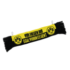 Schwarzgelber BVB-Schal mit Fransen, Aufschrift 'Wir folgen dir egal wohin es geht' und BVB 09-Logo an beiden Seiten. Perfekter Fanartikel für Borussia Dortmund Fans.