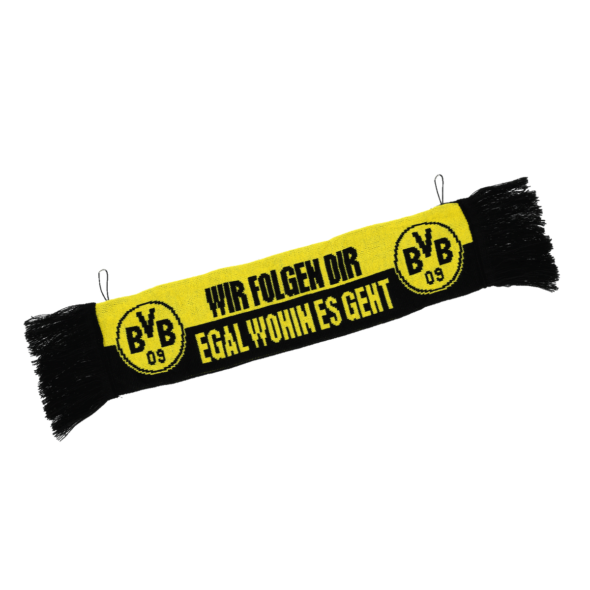 Écharpe noir et jaune du BVB avec des franges, portant l'inscription « Nous te suivrons où que tu ailles » et le logo BVB 09 des deux côtés. Un article idéal pour les supporters du Borussia Dortmund.