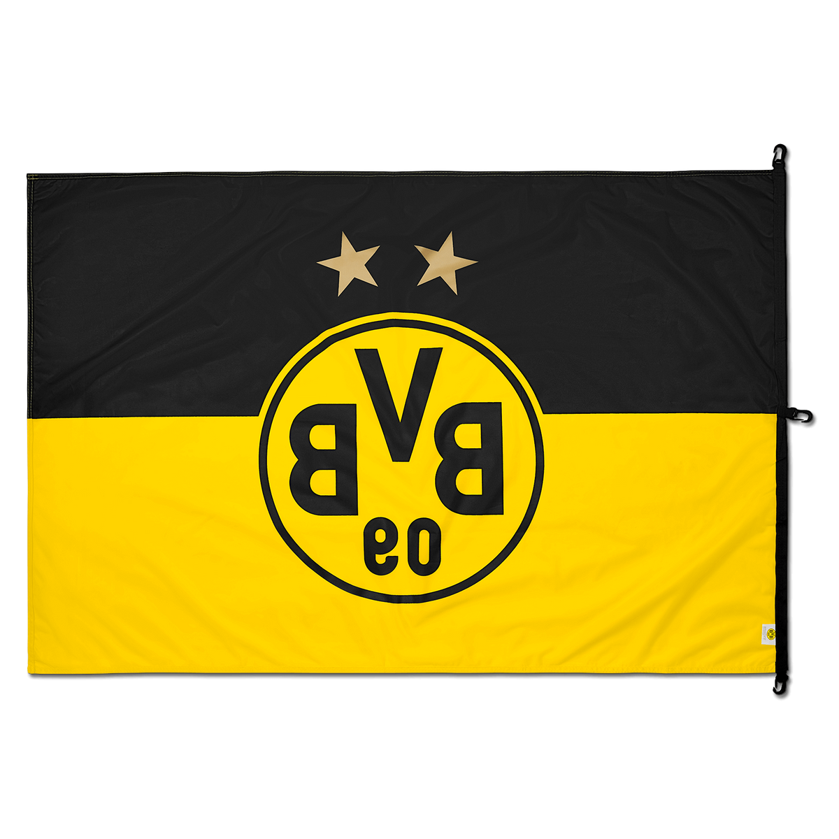 Drapeau du Borussia Dortmund aux couleurs noir et jaune, orné du logo du BVB et de deux étoiles, idéal pour les supporters. Dimensions : 150 x 100 cm.