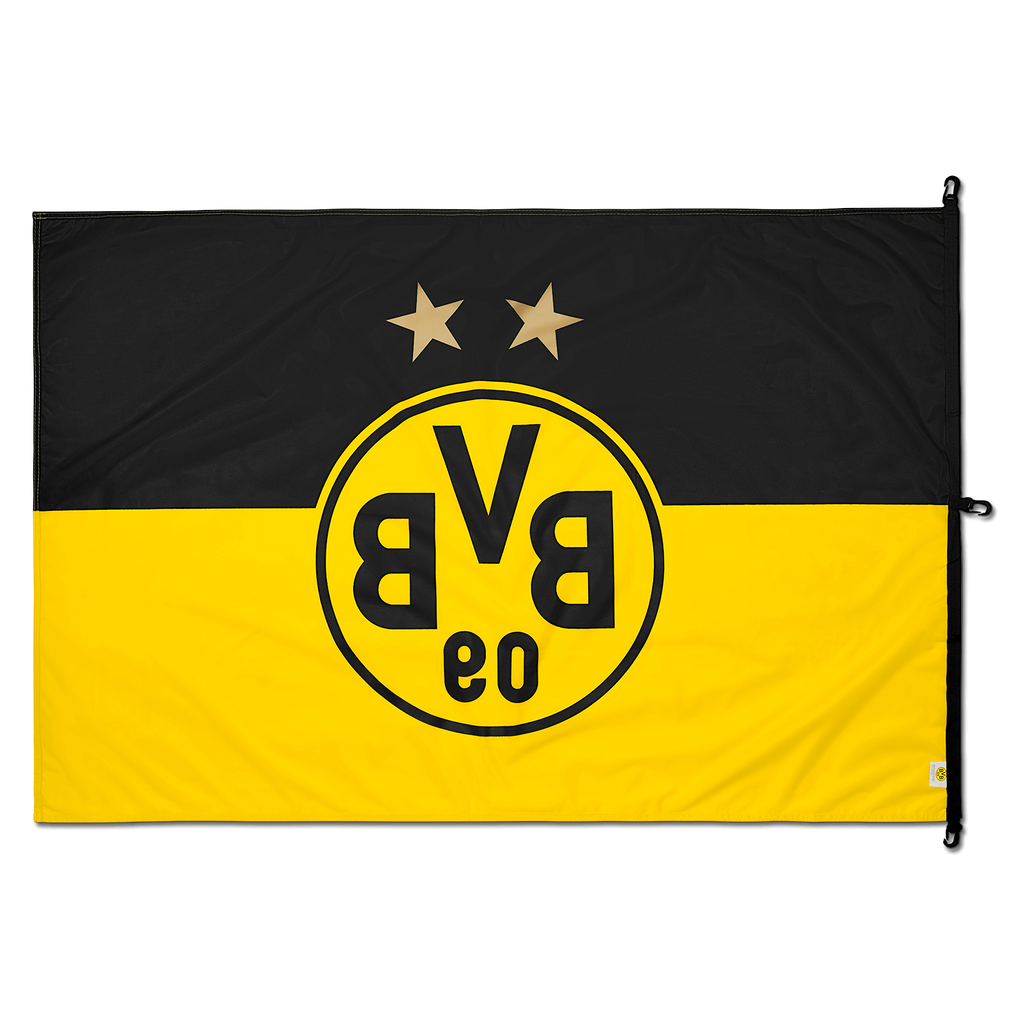 Borussia Dortmund flag in black and yellow, featuring the BVB logo and two stars—perfect for fans. Size: 150 x 100 cm.
