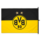 Borussia Dortmund flag in black and yellow, featuring the BVB logo and two stars—perfect for fans. Size: 150 x 100 cm.