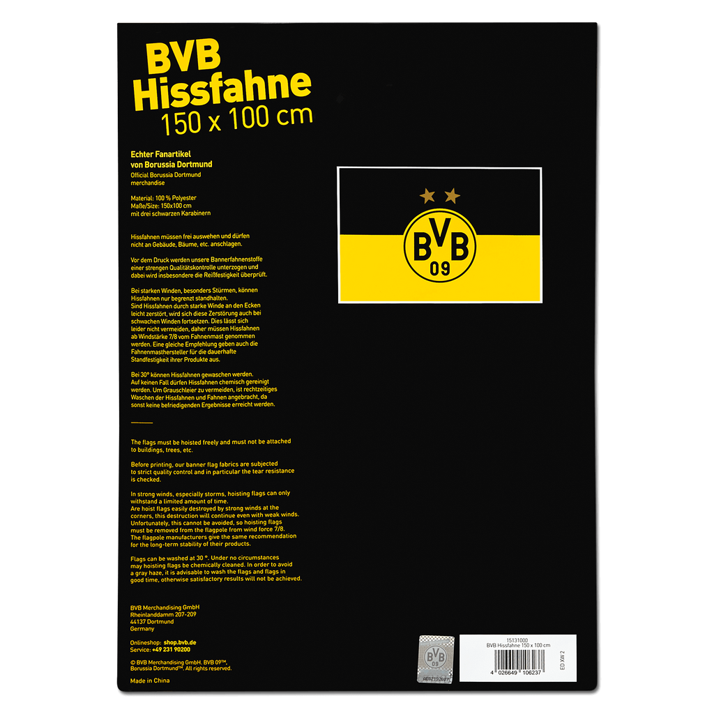 Black-and-yellow BVB flag with the BVB logo and two stars, size 150 x 100 cm, official Borussia Dortmund merchandise.