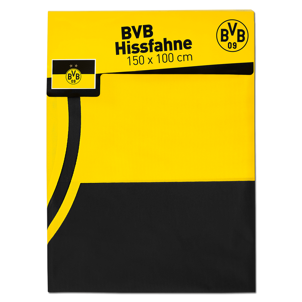 Bandiera del BVB nei colori sociali nero e giallo, con il logo del BVB e le dimensioni di 150 x 100 cm: l'accessorio perfetto per i tifosi del Borussia Dortmund.