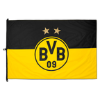 Bandiera del Borussia Dortmund nei colori nero e giallo con il logo della società e due stelle, ideale per i tifosi e come decorazione, dimensioni 150x100 cm.