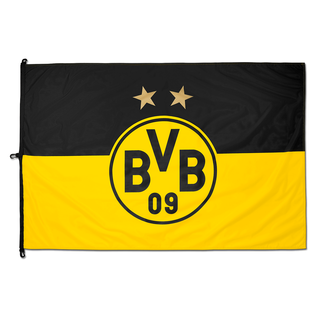 Schwarzgelbe Borussia Dortmund Flagge mit Vereinslogo und zwei Sternen, ideal für Fans und Dekoration, Größe 150x100 cm.
